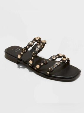 A New Day Black Slide Sandal with Gold Stud Accents